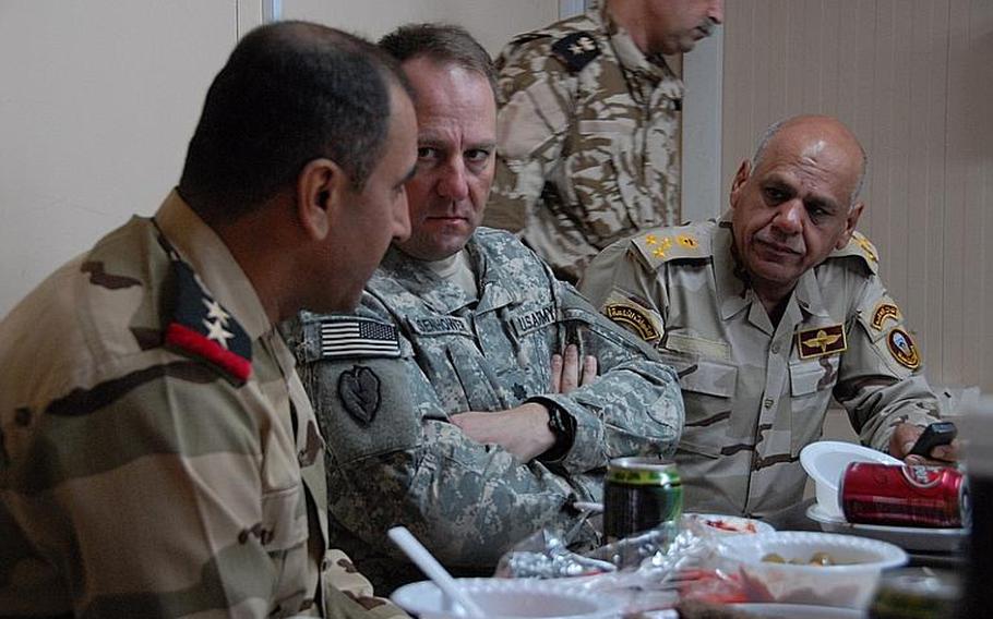 Commanders for all three forces are aware of this sentiment. Earlier this month, U.S. Army Lt. Col. James Isenhower, commander of the 2-14 Squadron, hosted both sides at a dinner at Forward Operating Base Cobra to celebrate Eid al Fitr, the traditional breaking of the Ramadan fast. Kurdish Col. Ibrahim Salah Abdul Ruhman (left) and Brig. Gen. Munam Hasim al-Fahad oversee soldiers at the trilateral checkpoints in Diyala. When asked what might unravel the cooperative effort, Isenhower didn't hestitate. "Emotion," he said. All sides are also waiting for the Iraqi government to form so that a long-promised vote can take place to settle the boundary issues and clarify which politicians "the Arabs or Kurds" have responsibility for which towns in the border area.