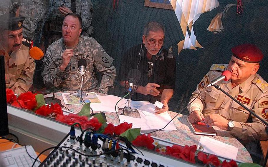 The three military commanders in the area take questions from listeners at a Kurdish-run radio station in Diyala, the second such call-in show they've done in recent weeks. Callers want to know what will happen with the U.S. leaves. They want to know if the Kurdish and Arab soldiers are really getting along. They don't ask about utility services or unemployment, and instead speak deferentially to the military officers. Isenhower hopes the answers get harder as the radio spots continue. Col. Ibrahim, the Kurdish officer, (far left) wants to expand the conversations to a local television station, a move Isenhower supports.