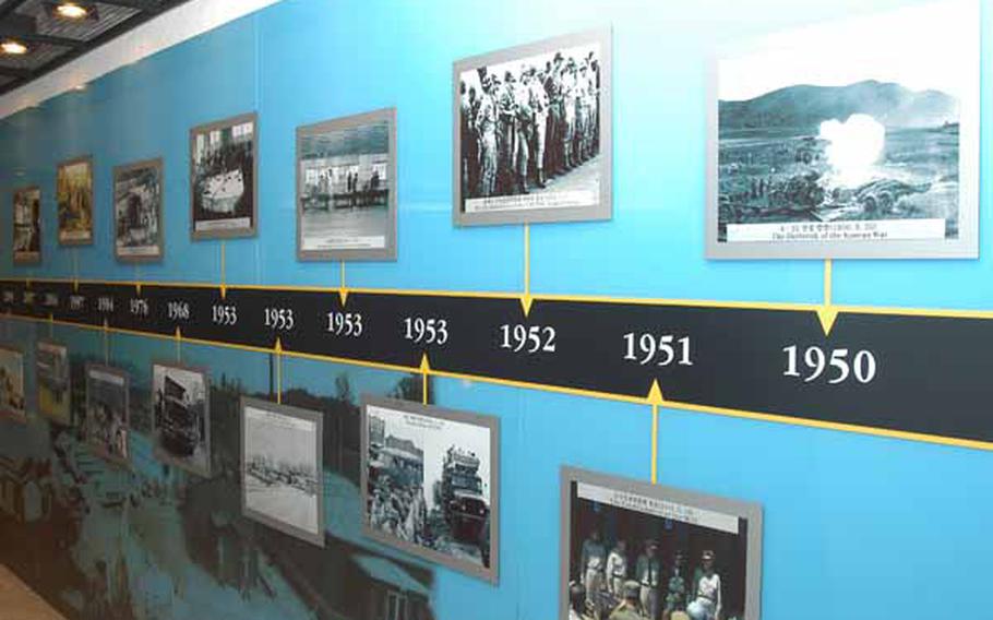 A wall at the newly opened Joint Security Area Visitor Center at Korea&#39;s Demilitarized Zone highlights a number of  significant events related to the Korean War and the DMZ from 1950 to the present.