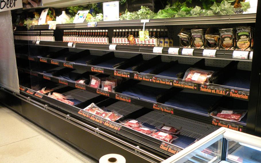 The shelves at the commissary at  RAF Lakenheath, England, had a few bares spots in the meat area on Friday, but for the part it remained well-stocked Friday afternoon despite reports of heavy shopping.