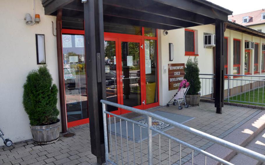 A stroller sits outside the Schweinfurt (Germany) Child Development Center  on Tuesday. U.S. Army Garrison Schweinfurt, Germany, is investigating an allegation of inappropriate behavior at the center, according to an Army official.