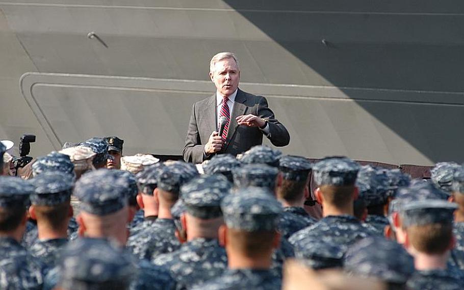 Secretary of the Navy Ray Mabus talks with about 1,000 sailors and Marines in front of the USS Blue Ridge at Yokosuka Naval Base on Wednesday. Mabus thanked the servicemembers for their everyday work, as well as their participation in relief and recovery efforts related to the March 11 earthquake and tsunami in Japan. He then answered audience questions about future manning plans and quality of life issues.