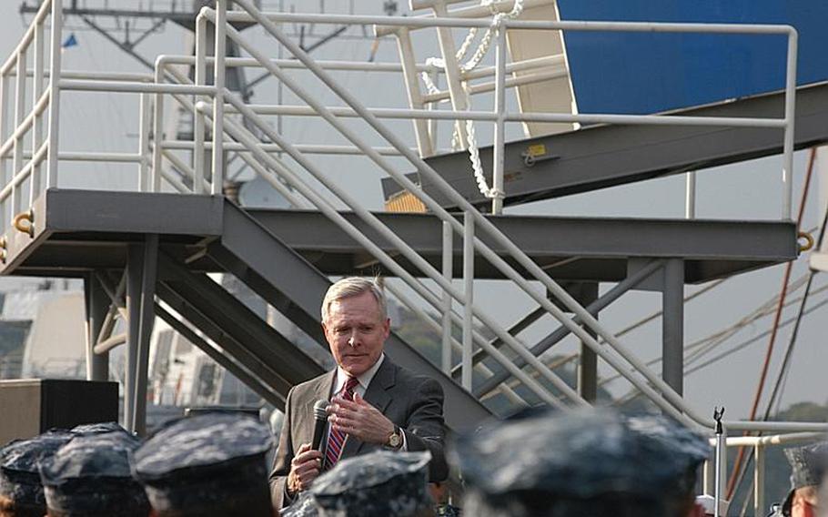Secretary of the Navy Ray Mabus talks with about 1,000 sailors and Marines in front of the USS Blue Ridge at Yokosuka Naval Base on Wednesday. Mabus thanked the servicemembers for their everyday work, as well as their participation in relief and recovery efforts related to the March 11 earthquake and tsunami in Japan. He then answered audience questions about future manning plans and quality of life issues.