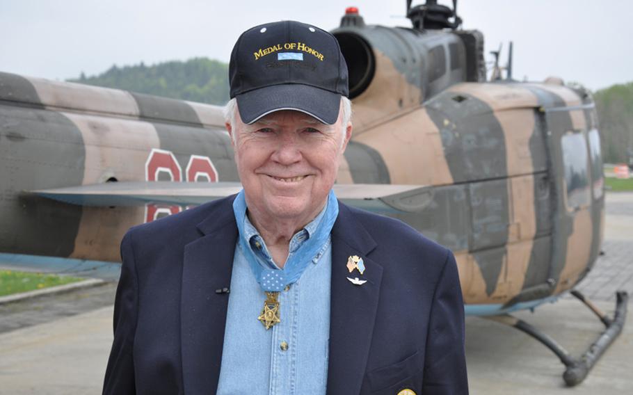 Bruce Crandall, 78, a retired colonel and "Huey" pilot, was an honored guest at the UH-1's retirement ceremony from U.S. Army Europe service in Hohenfels, Germany, on Wednesday. Crandall was awarded the Medal of Honor for heroic rescue efforts in Vietnam.