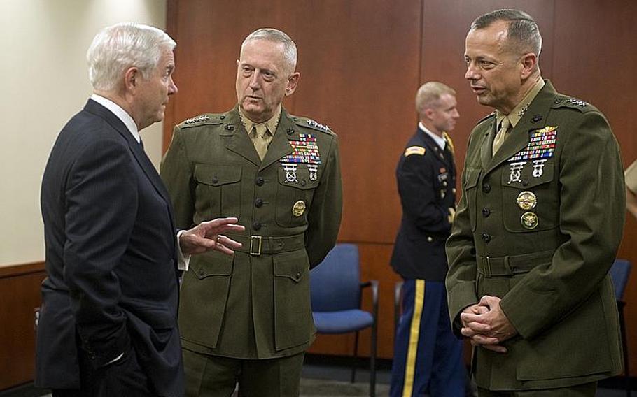 Marine Lt. Gen. John Allen, right, has been tapped to replace Army Gen. David Petraeus as the new Afghanistan War commander. Allen, with Gen. James Mattis, right, and Defense Secretary Robert Gates, is currently the deputy commander of Central Command.