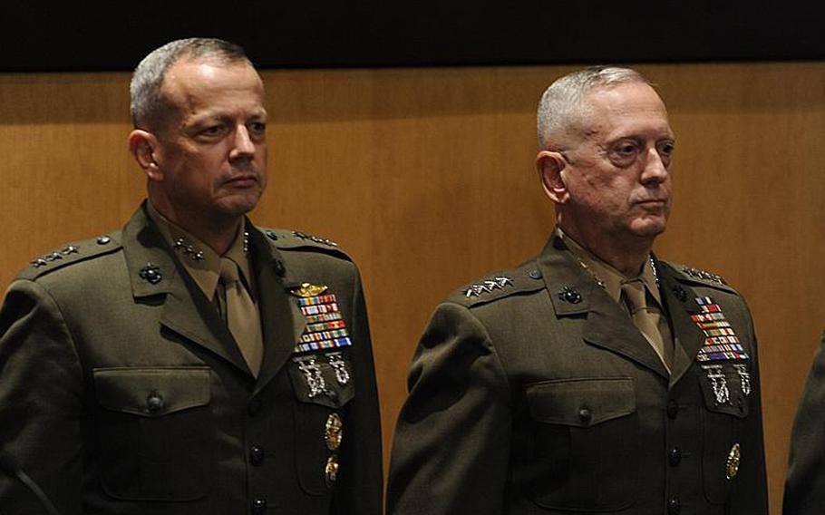 Lt. Gen. John Allen, left, served as the acting leader of U.S. Central Command before Marine Gen. James Mattis, right, took charge last August. 