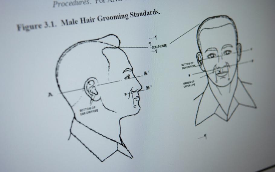 Vogelweh AB, Germany - The U.S. Air Force has released an updated version of its dress and personal appearance instructions. The new AFI is meant to be more &#39;user friendly&#39; and less confusing than the older version. It includes diagrams such as this one showing permissible hair length.