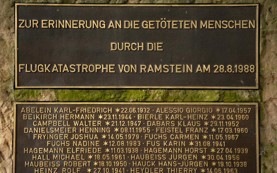 A detail of the public memorial dedicated to the victims of the 1988 air show catastrophe says, "In remembrance to the people who were killed in the Ramstein air show disaster on Aug. 28, 1988."