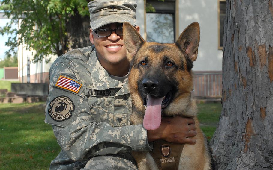 Spec. Marc Whittaker and his bomb-sniffing dog, Anax, back in Heidelberg after Anax lost a leg in July while deployed to Afghanistan.