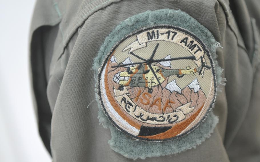 A patch worn by Afghan Air Force recruit Abdul Razeq, who is training to become a helicopter crew chief at Shindand Air Base in Herat province.