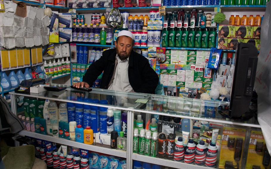 A shop in Kabul’s “Bush Market,” which specializes in goods apparently stolen from American supply convoys, boasts American-branded hygiene and cleaning products.