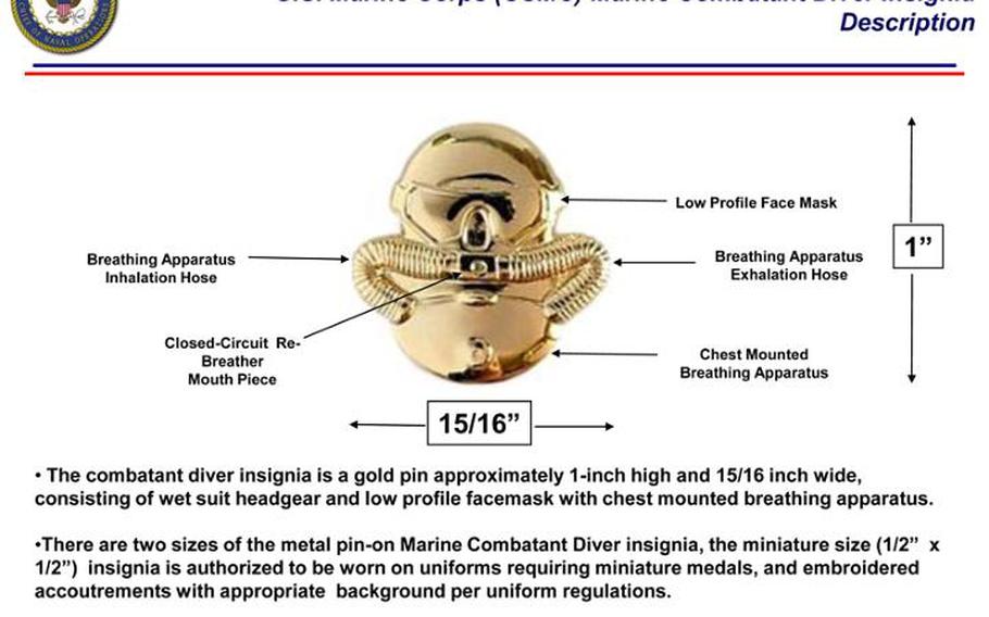 Beginning July 17, the Marine Corps Combatant Diver breast insignia is authorized for wear on Navy uniforms by sailors who successfully meet all qualification requirements.