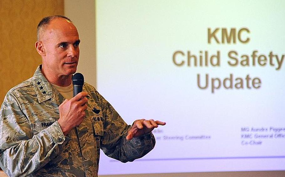 Lt. Gen. Craig Franklin, commander of the Kaiserslautern Military Community and 3rd Air Force, gives an update on actions taken following reports of attempted child abductions and child molestations in the Kaiserslautern Military Community. Franklin was speaking at a town hall meeting Friday morning that was attended by about 150 people.
