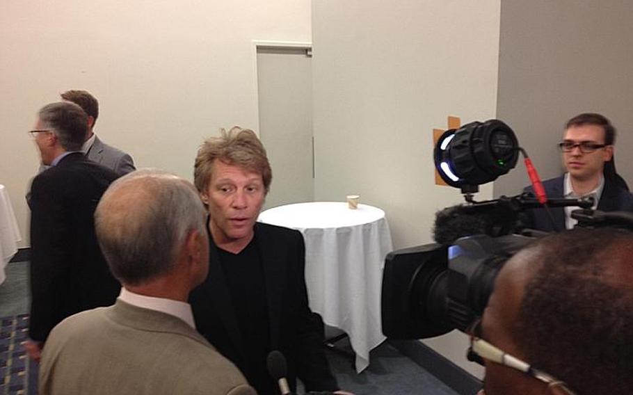 Rocker Jon Bon Jovi speaks to reporters Tuesday in Washington, D.C., about the interagency developer contest to create mobile applications focused on resources for homeless veterans.
