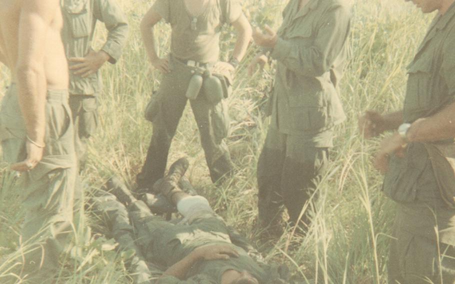 Sam Luna lays on a gurney after he was wounded in Vietnam on July 31, 1968. Luna had been back from combat for 35 years and had recently retired when he began to recognize symptoms of post-traumatic stress disorder.