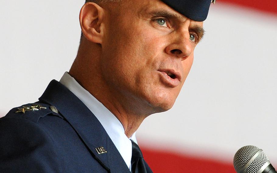 Lt. Gen. Craig A. Franklin, 3rd Air Force commander, speaks at the 603rd Air and Space Operations Center change of command at Rhamstein Air Base, Tuesday. Col. Jeffrey L. Marker took command of the 603rd from Col. Peter F. Davey at the ceremony.