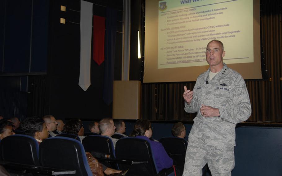 Lt. Gen. Craig Franklin, the commander of the Kaiserslautern Military Community and 3rd Air Force, talks during a May 2 town hall meeting at Ramstein Air Base about child safety issues following reports of child molestations and attempted child abduction at military bases in the Kaiserslautern area.