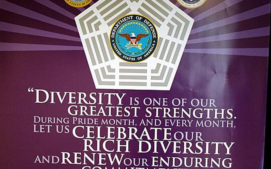 A poster hanging in the Pentagon to advertise Tuesday&#39;s lesbian, gay, bisexual and transgender Pride Month celebration.