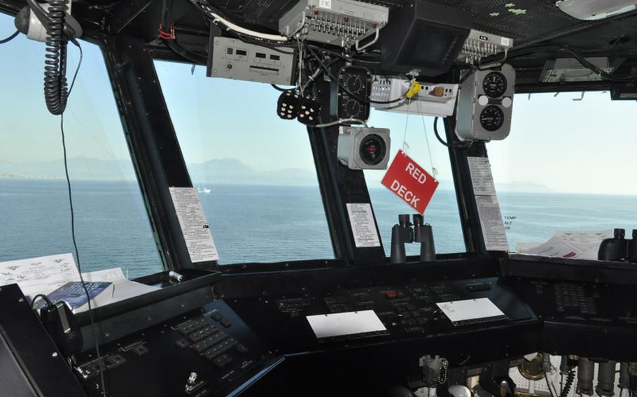 The USS Enterprise’s flight deck control tower caught views of the Amalfi Coast during its final port stop in the Gulf of Naples. The fuzzy dice are from the movie “Top Gun,” which was filmed aboard the Enterprise. The ship will be decommissioned in Virginia starting in December.