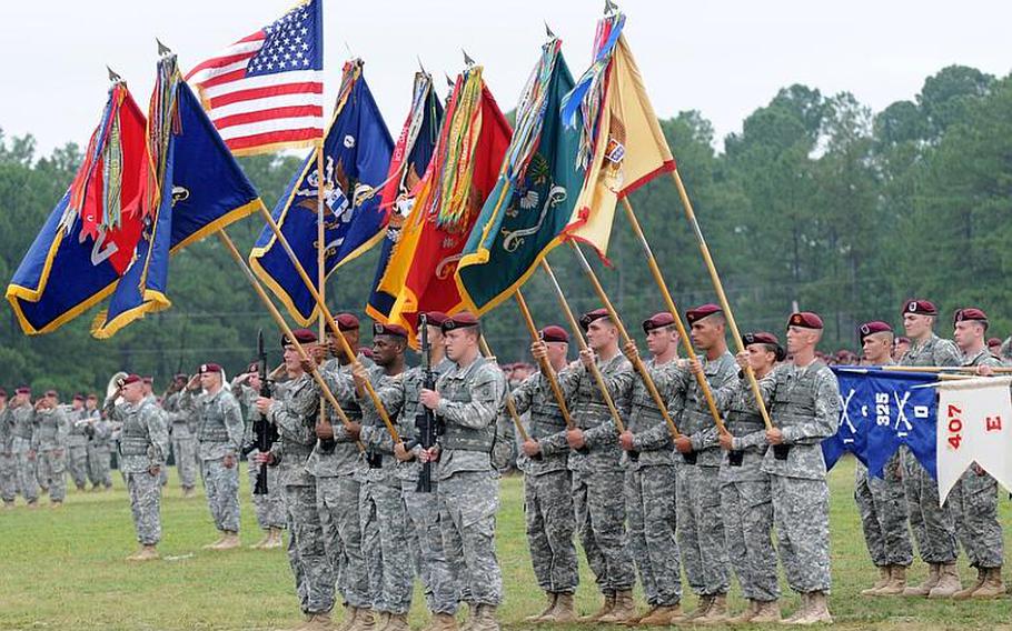 The honor guard and soldiers of  2nd Brigade Combat Team, 82nd Airborne Division, stand on the parade grounds at Fort Bragg during a change of command ceremony in July.  A recently released Army study looked at ways to realign major Army posts in the United States  based on a plan to reduce the Army&#39;s active duty end-strength from 562,000 to 490,000 by Fiscal Year 2020.