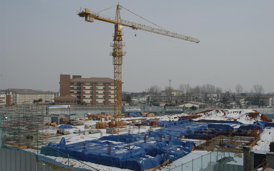 A construction site for a planned food, beverage and entertainment center at Camp Humphreys in South Korea. South Korean police raided the headquarters of a company involved in Humphreys’ expansion over allegations that a subcontractor illegally funneled nearly $900,000 to a U.S. military official.