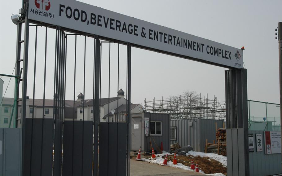 Pictured is the entrance to a construction site for a planned food, beverage and entertainment center at Camp Humphreys in South Korea. The facility is a centerpiece in plans for the consolidation of virtually all U.S. troops in  South Korea south of Seoul in 2016.