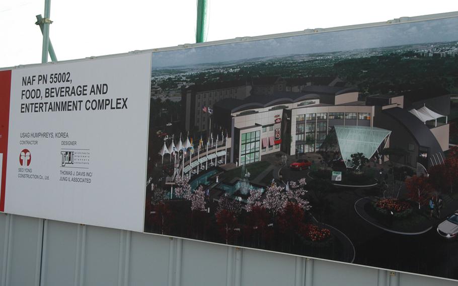 Pictured is a sign at the entrance to a construction site for a planned food, beverage and entertainment center at Camp Humphreys in South Korea. The facility is a centerpiece in plans for the consolidation of virtually all U.S. troops in  South Korea south of Seoul in 2016.