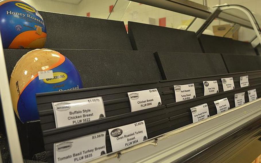 After commissaries began receiving their deli meat by ship rather than airplane, some stores, like the one at RAF Mildenhall on Tuesday, had less meat on their shelves.
