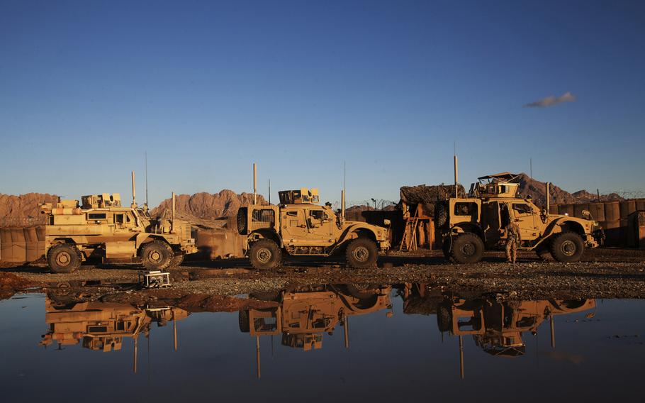 U.S. Marine Corps Mine Resistant, Ambush Protected vehicles assigned to  Company F, 2nd Battalion, 7th Marine Regiment , are staged and inspected on Combat Outpost Now Zad, Helmand province, Afghanistan, on Dec. 17, 2012.