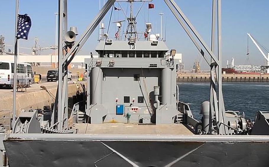 The USAV Churubusco, in the Port of Shuaybah, Kuwait, is an Army landing craft utility (LCU) watercraft crewed by Army reservists currently deployed to the Persian Gulf.