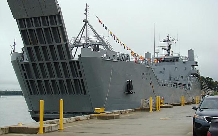 A Logistical Support Vessel (LSV). Equipped with front and rear ramps, the LSV's cargo deck is able to load any vehicle in the Army's inventory, and has the capability to transport up to 15 M1 Abrams battle tanks.