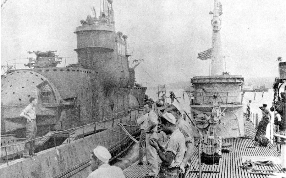 The USS Blower, right, in Tokyo Bay next to captured Japanese submarine I-400, circa September 1945.