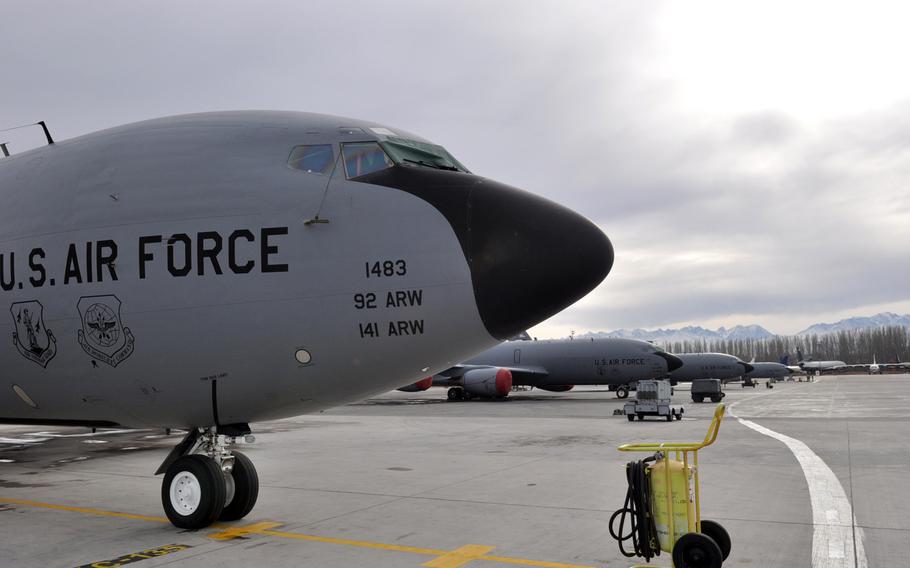 U.S. Air Force KC-135 tanker aircraft sit on the tarmac at Manas International Airport in Kyrgyzstan. The planes help refuel other aircraft operating in support of the the war in nearby Afghanistan.