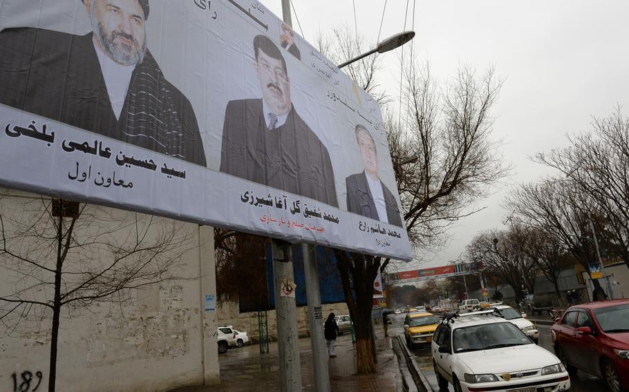 A billboard for Afghan presidential candidate Gul Agha Sherzai, a former governor of Nangarhar province, was one of many billboards and posters put up in Kabul on Sunday, Feb. 2, 2014, as the presidential campaign officially began.