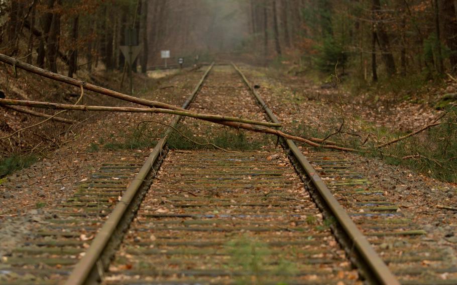 Trees lie across unused train tracks at the Army's Rhine Ordnance Barracks in Germany, where work began Monday, Feb. 3, 2014, to lay the groundwork for a $990 million military hospital.