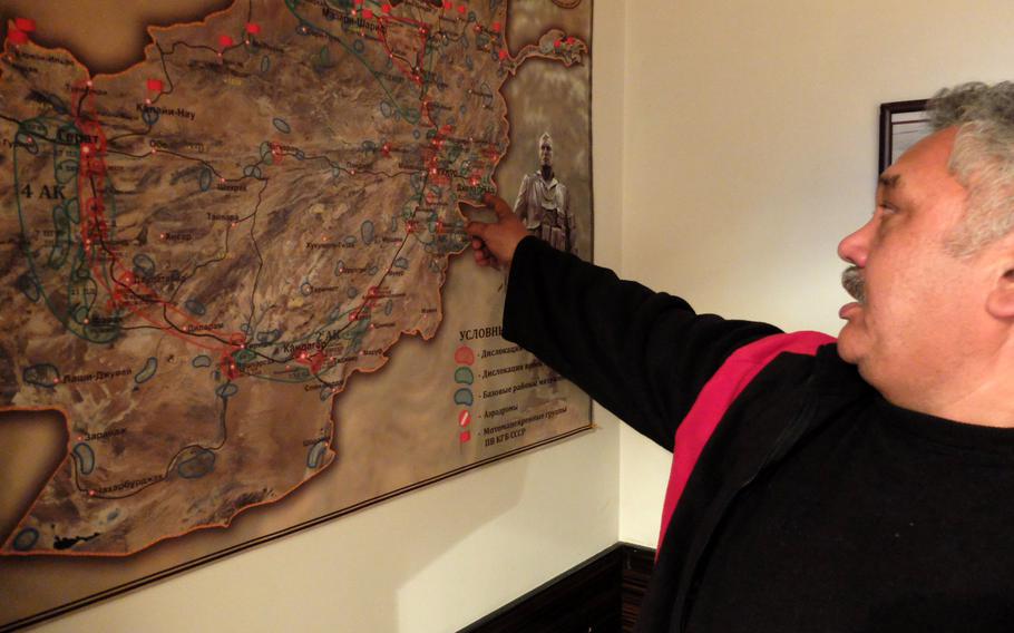 Hidar Dyikanbaev, a native of Kyrgyzstan, points out where he served near Kabul during the Soviet Union's war in Afghanistan. Despite the high losses sustained by Soviet forces and the chaos that followed their withdrawal, Dyikanbaev says he has no second thoughts about serving in the war.