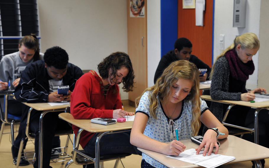 Students in Spencer Bean's "flipped mastery" algebra class at Ramstein High School, Germany, are tested on the last unit they learned.