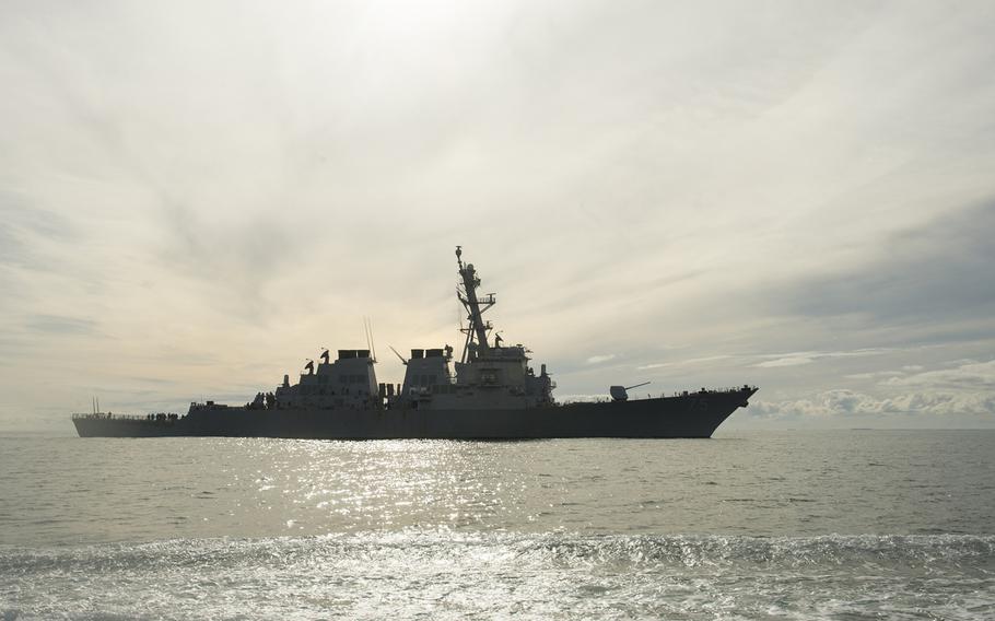 The Arleigh Burke-class guided-missile destroyer USS Donald Cook steams off the coast of Norfolk, Va, on its way to Rota, Spain, where it arrived Feb. 11, 2014. It is the first of four U.S. Navy destroyers to form the centerpiece of Europe?s missile defense shield there.