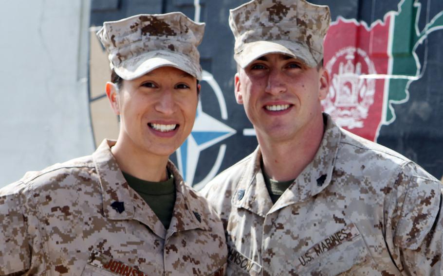 Sgt. Frances Johnson and Sgt. Andrew Johnson were married on Nov. 20, 2010. They are deployed to Camp Leatherneck in southwest Afghanistan.