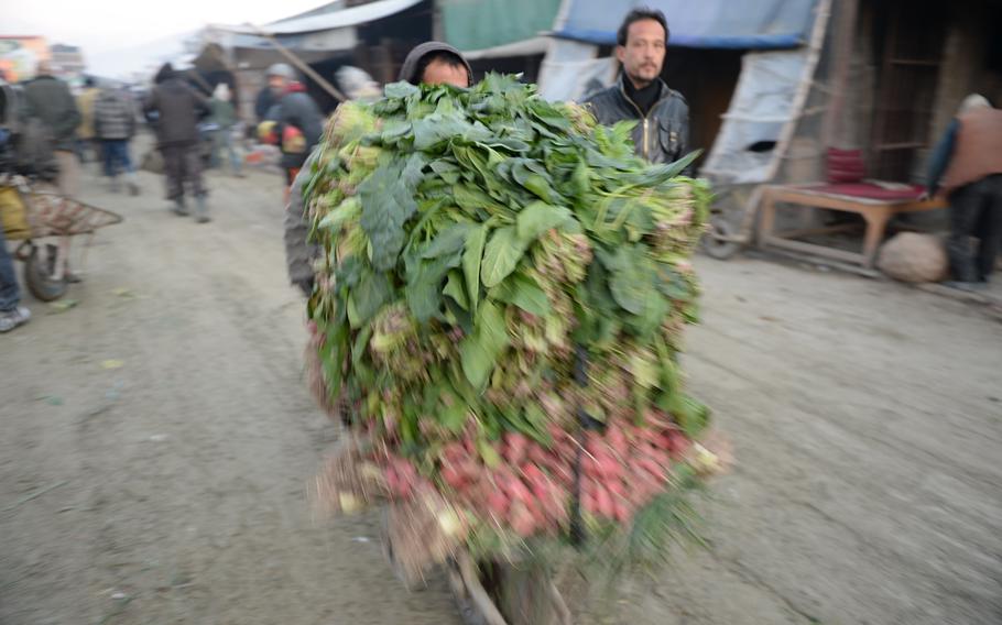 6:42 a.m. Vegetable sellers set up shop at Kabul's main wholesale market for fruits and vegetables. can't