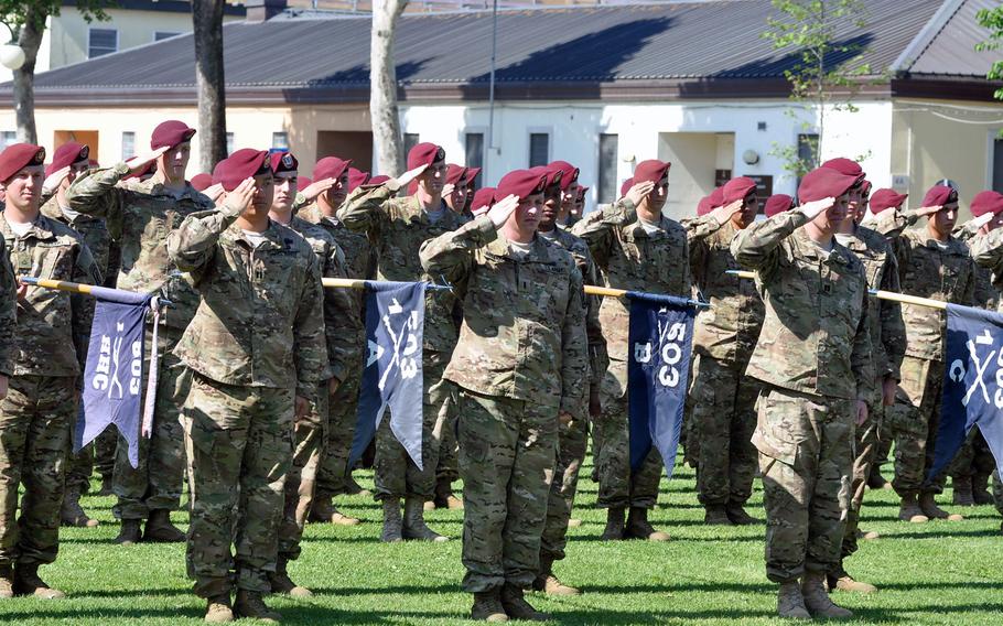 Soldiers from the 173rd Airborne Brigade Combat Team salute during a  casing of the colors ceremony at Caserma Ederle in Vicenza, Italy, June 14, 2012, before their deployment to Afghanistan. A unit from the 173rd, Company C, 2nd Battalion, 503rd Infantry Regiment, is going to Cameroon in mid-March to participate in an annual U.S. Army Africa exercise called Central Accord. 

Kent Harris/Stars and Stripes