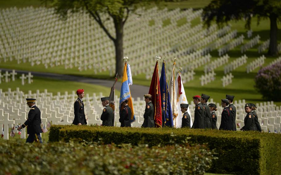 American Junior Reserve Officers' Training Corps members representing DODDS-Europe High Schools perform at the Memorial Day ceremony at Lorraine American Cemetery Sunday, May 25, 2014, at St. Avold, France.