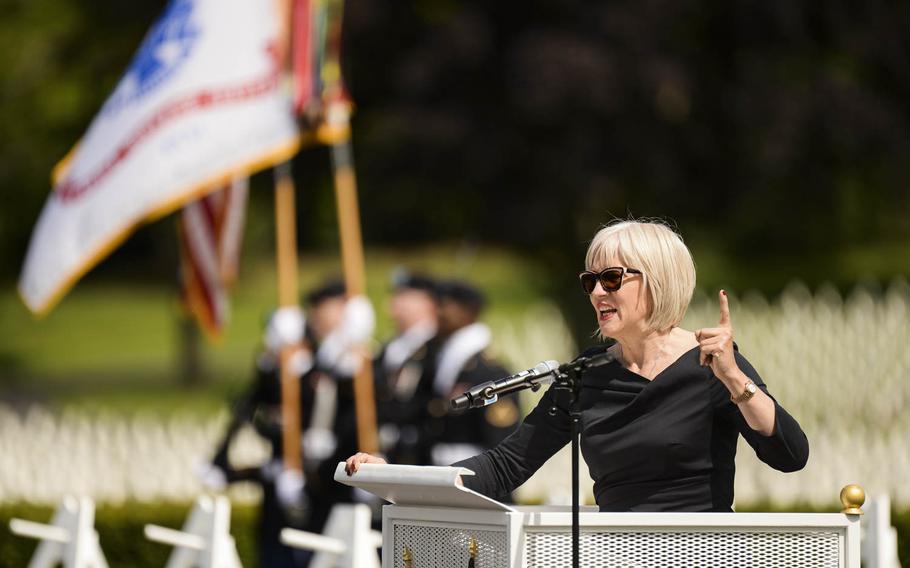 Helen Patton, granddaughter of Gen. George Patton, speaks at the Memorial Day ceremony at Lorraine American Cemetery Sunday, May 25, 2014, at St.-Avold, France.