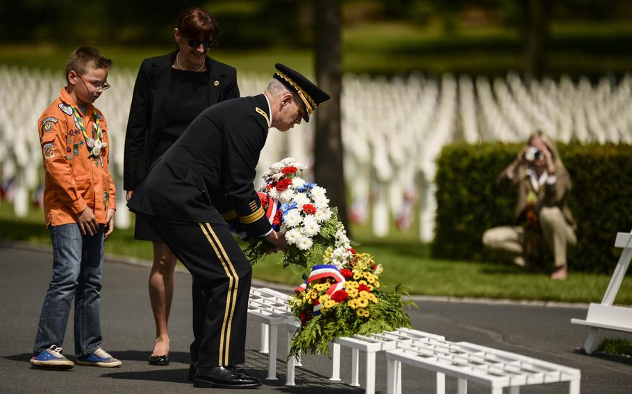 Lt. Gen. Donald Campbell Jr., commander of U.S. Army Europe, lays a wreath during the Memorial Day ceremony at Lorraine American Cemetery on Sunday, May 25, 2014, at St.-Avold, France.