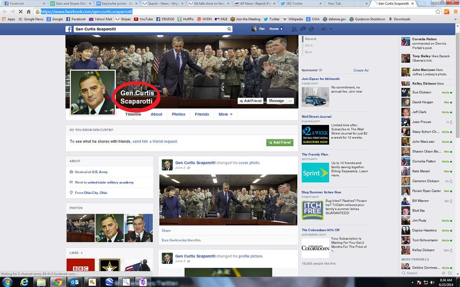 Internet scammers have long used military members' identities to attract victims. Here, in this screenshot from Facebook, they have taken the identity of the U.S. Forces Korea commander, Lt. Gen. Curtis Scaparrotti, whose name they misspelled.