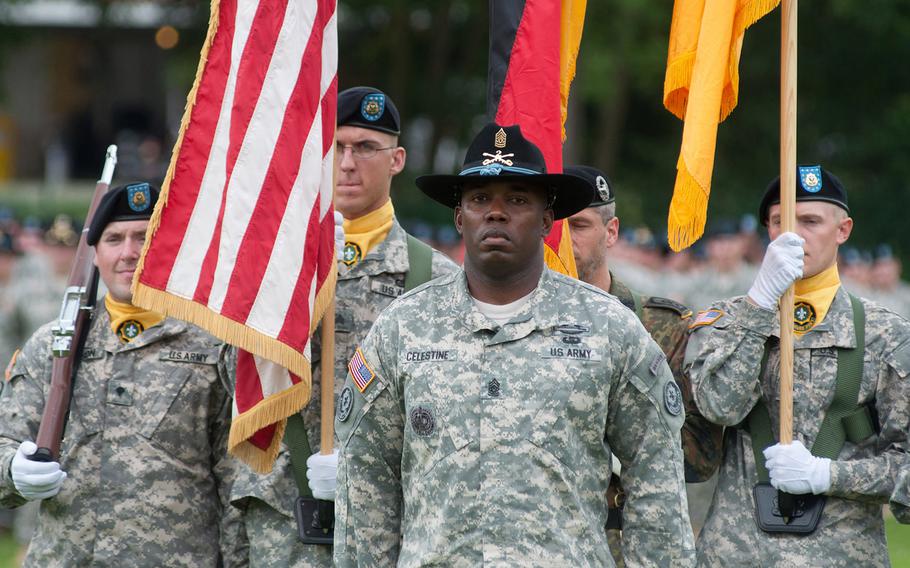 Sgt. Maj. Martin Celestine took over as the 2nd Cavalry Regiment's command sergeant major during a change of command ceremony held at Vilseck, Germany, on Tuesday, July 15, 2014.