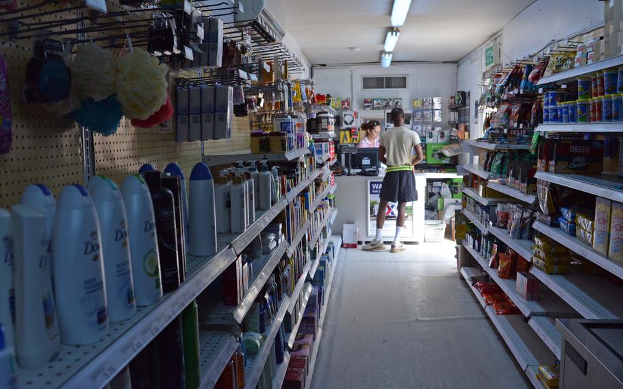 A 5th Battalion, 7th Air Defense Artillery Regiment soldier shops in the Army and Air Force Exchange Service trailer on the Turkish army base where the unit is deployed in Gaziantep.