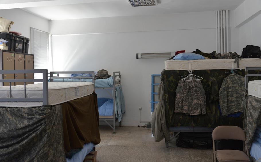 A typical barracks room used by soldiers of the 5th Battalion, 7th Air Defense Artillery Regiment at a Turkish army base in Gaziantep, Turkey.