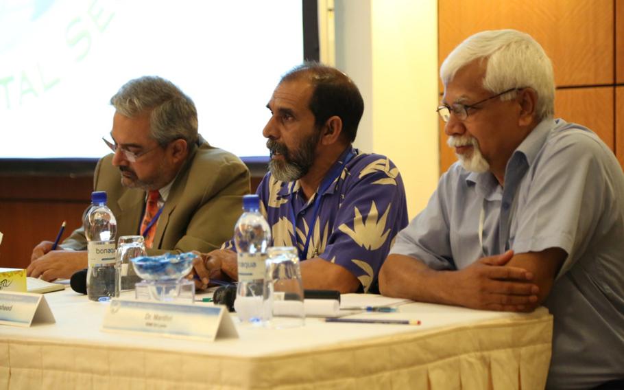 Representatives from the Maldives, Sri Lanka and Nepal discuss water security challenges during a panel session at the South Asia Regional Environmental Security Forum held June 2-5, 2014, in the Maldives. Co-sponsored by U.S. Pacific Command, the forum hosted about 80 participants from 10 countries to discuss civil-military solutions to problems arising from climate change.