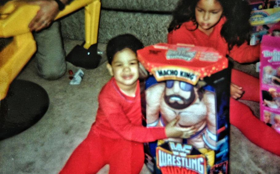 In this old photo, a young Chris Melendez affectionately hugs a stuffed "Macho Man" Randy Savage doll after receiving it as a gift. Melendez always wanted to serve his country on the front lines and to become a professional wrestler. Despite losing a leg to an IED in Iraq in 2006, the 4th Infantry Division soldier would not be denied. In June, he signed a multi-year deal with the world's second largest wrestling promotion, TNA Impact Wrestling.